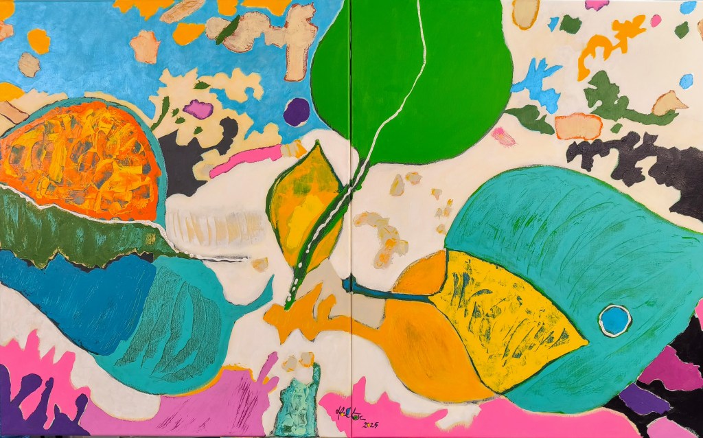 Composition acrylique de feuilles vertes en forme de cœur sur un fond très coloré